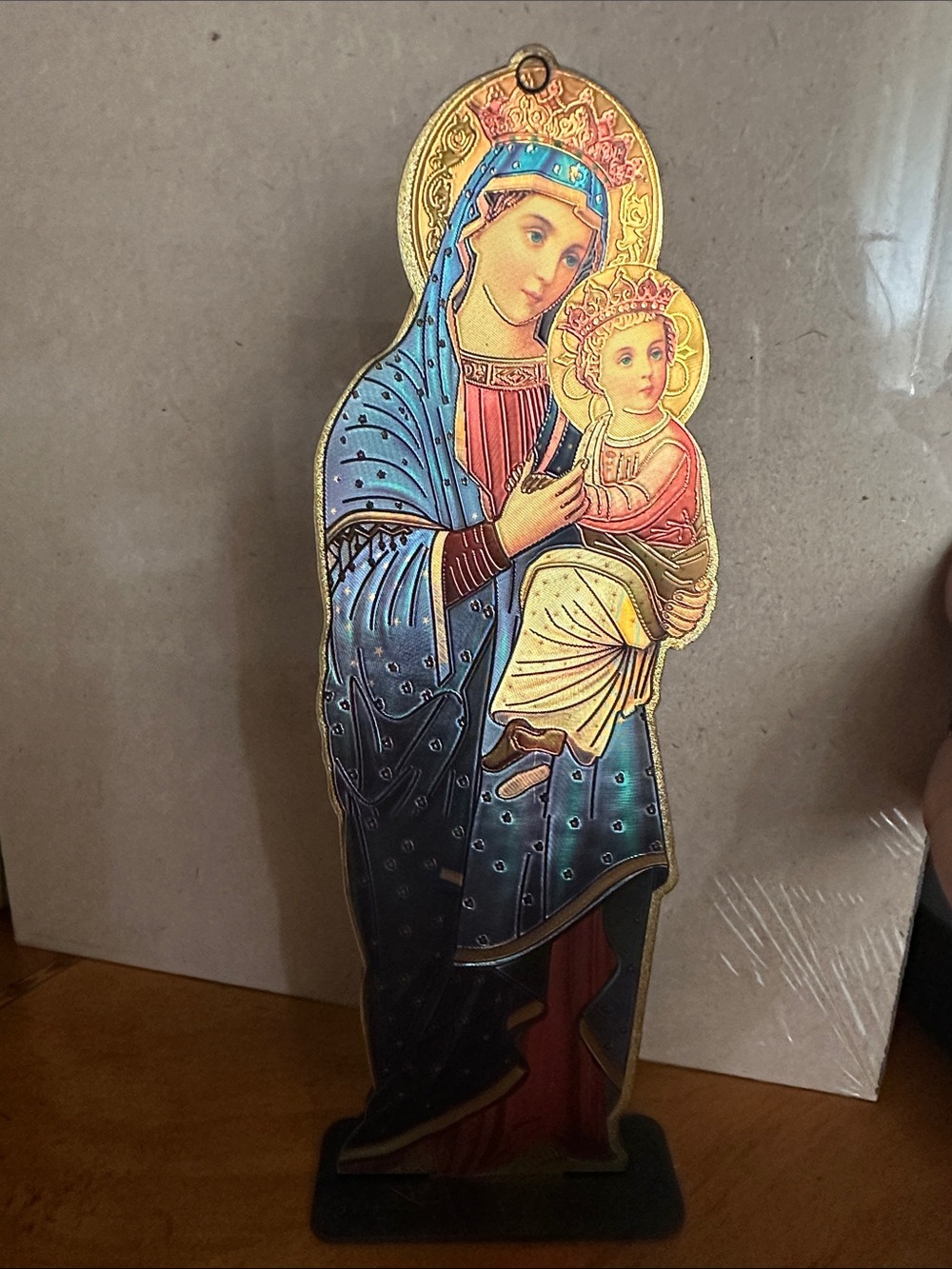 Hand Crafted Blue and Gold Madonna and Child Religious Wall Plaque